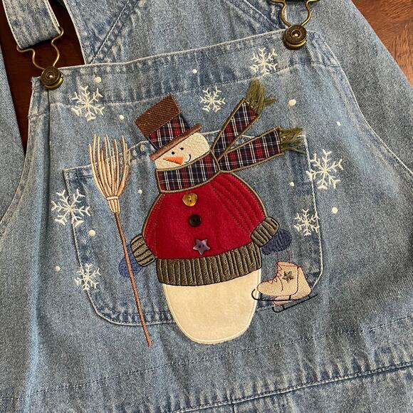 Vintage Christopher & Banks Denim Overalls Medium Embroidered Winter Holidays - Picture 2 of 10